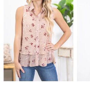 Mystree Floral Button-Up‎ Sleeveless Blouse - Pink and Cream, Size Small